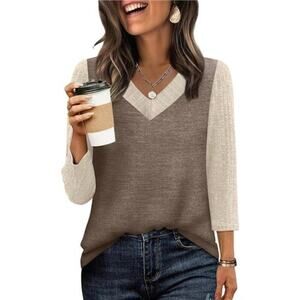 Women’s 3/4 Sleeve Dressy Casual Top – Beige & Brown Color Block Fall Shirt